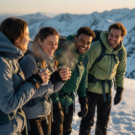 Group of friends hiking in winter mountains and having fun together. They are happy and smiling.の素材