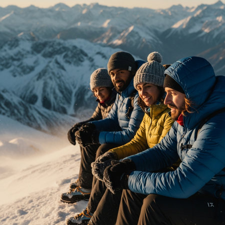 Group of friends sitting on the top of a mountain and enjoying the viewの素材