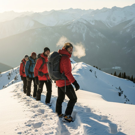 Group of hikers walking on snow in winter mountains. Group of people hiking in winter mountains.の素材