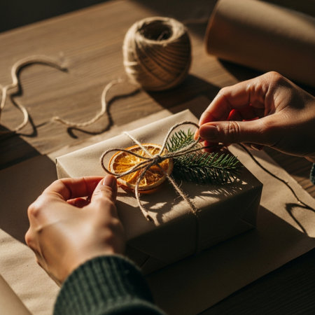 Female hands wrapping christmas gift in craft paper with twine. Christmas, New Year concept.の素材