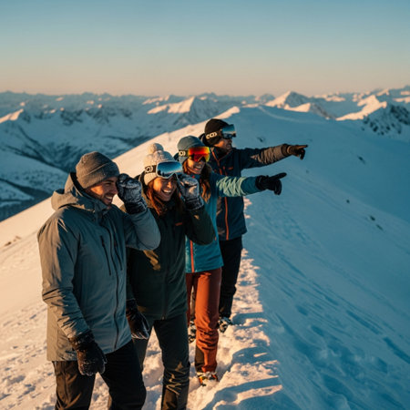Group of friends having fun on the snow in the mountains at sunsetの素材