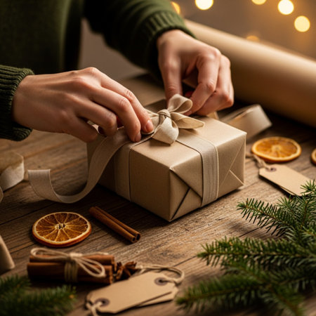 Female hands wrapping christmas gift box on rustic wooden table.の素材