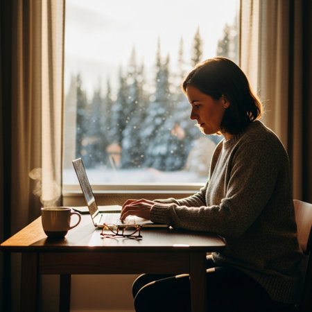 Young woman working on laptop and drinking coffee at the window in the eveningの素材