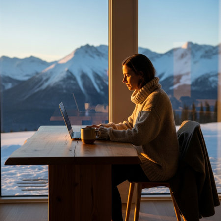 Young woman working on laptop at home in winter. Beautiful mountain view.の素材