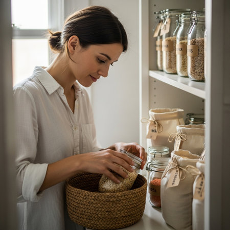 Young woman putting food in a wicker basket in the pantryの素材