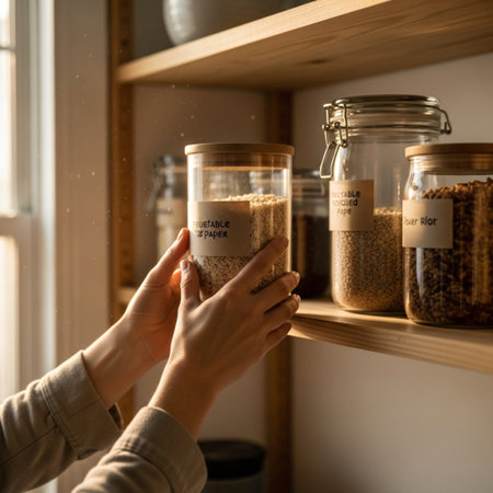 Female hands holding glass jars with buckwheat grains on the shelfの素材