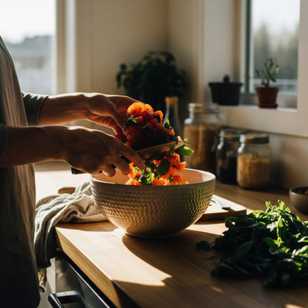 Woman cooking salad in the kitchen at home. Healthy food concept.の素材