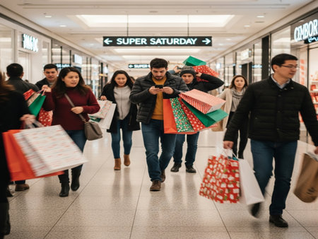 Group of happy young people shopping in the mall and carrying shopping bags.の素材