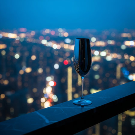 Glass of red wine on the balcony with night cityscape background.の素材