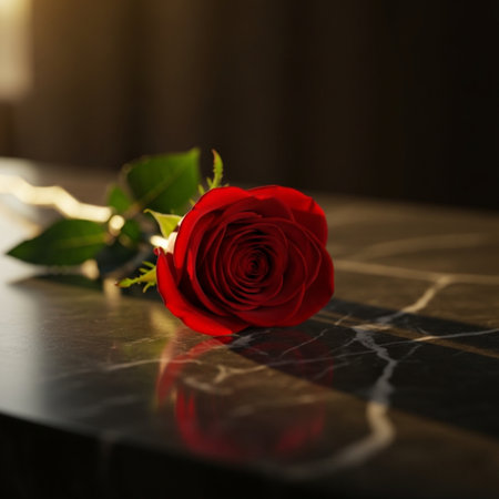 Red rose on black marble background with copy space for your text.の素材