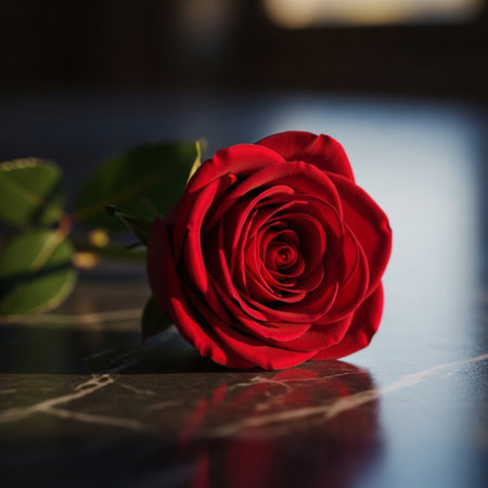 Red rose on a black marble surface with shallow depth of field.の素材