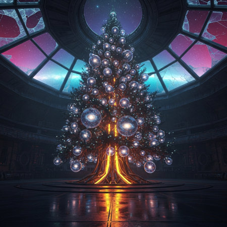 3D rendering of a Christmas tree in a dark room with a large windowの素材