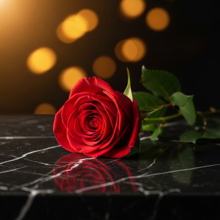 Beautiful red rose on black marble table with bokeh backgroundの素材