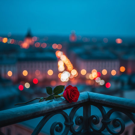 Red rose on the balcony of St. Petersburg at night, Russiaの素材