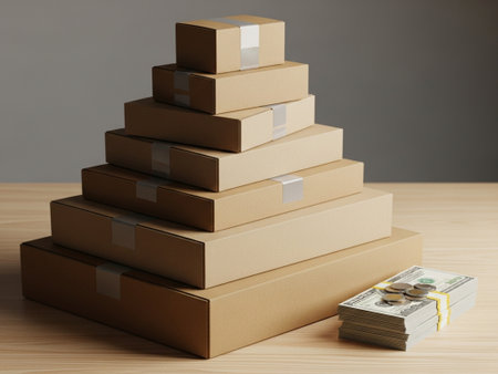 Stack of cardboard boxes with money on wooden table. 3d renderの素材