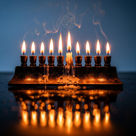 Image of jewish holiday Hanukkah background with menorah (traditional candelabra) and candlesの素材