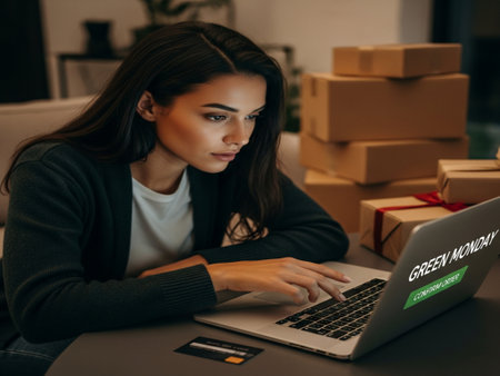 selective focus of young businesswoman using laptop and credit card at homeの素材
