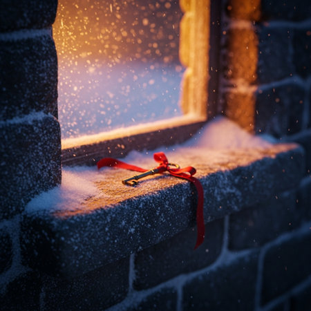 Snowy winter window with a red ribbon and a key in the snowの素材