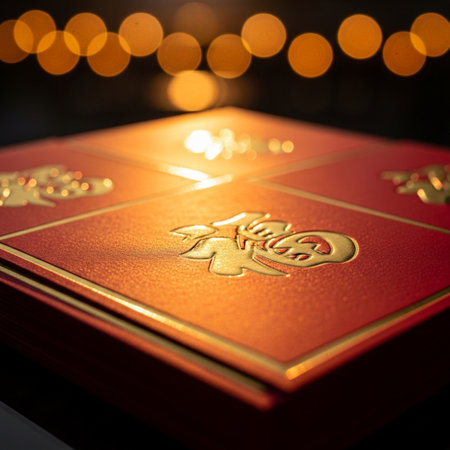 Chinese New Year greeting card with gold and bokeh background.の素材