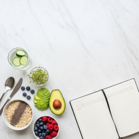 Healthy breakfast with oatmeal, fresh berries, avocado, yogurt and notebook.の素材