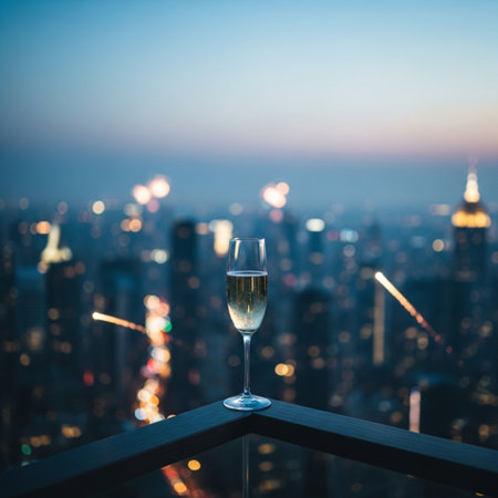 Glass of champagne on the rooftop of a skyscraper, New York Cityの素材
