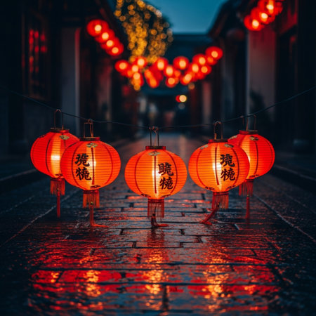 Lanterns on the street at night in Shanghai, Chinaの素材