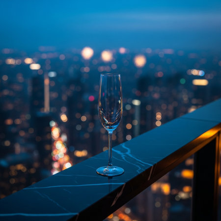 Wine glass on the balcony overlooking the city at night. Beautiful cityscape.の素材