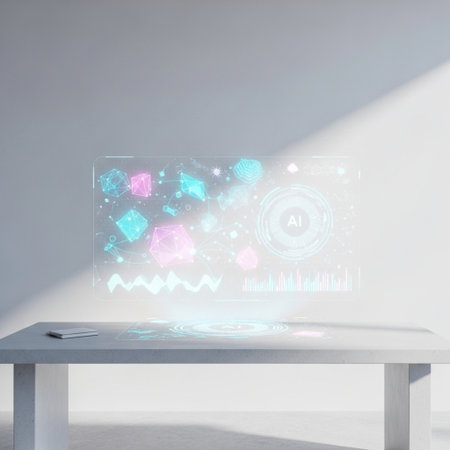 White table with abstract digital hologram. 3d rendering mock upの素材