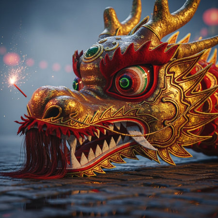 Dragon head with firecracker. Chinese New Year celebration concept.の素材