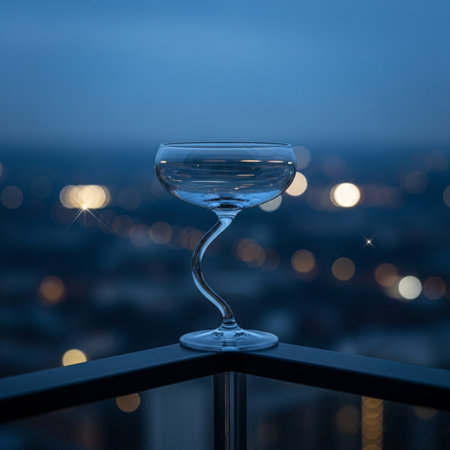 Glass of water on a balcony with a view of the night cityの素材