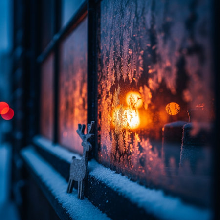 Reflection of the lights in the window on a snowy winter day.の素材