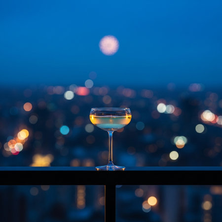 A glass of white wine on the balcony overlooking the city at nightの素材