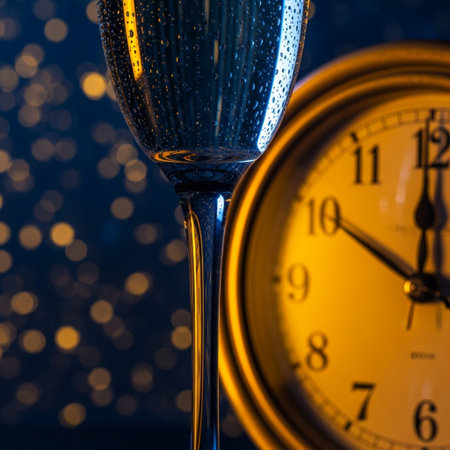Champagne glasses and clock on bokeh background. New Year's Eveの素材