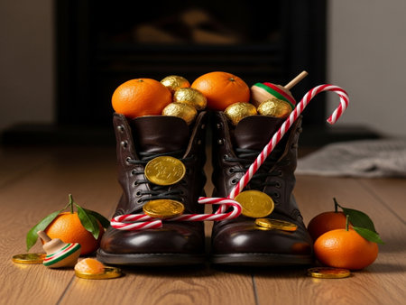 Christmas still life with tangerines, candies, lollipops and Christmas decorationsの素材