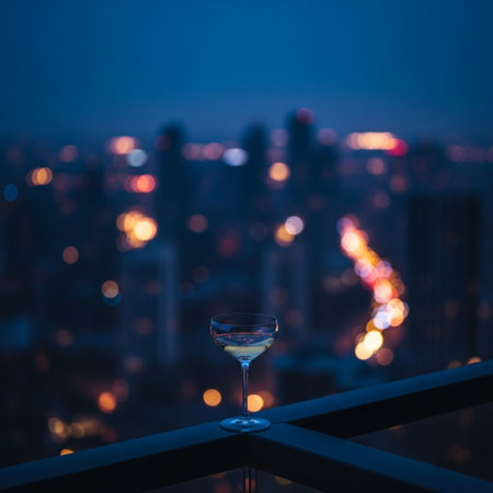 glass of wine on a balcony with a view of the city at nightの素材