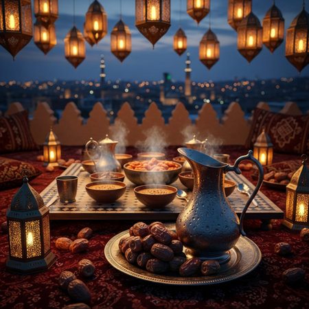 Ramadan Kareem background with dates, arabic lanterns and oil lamp on the tableの素材