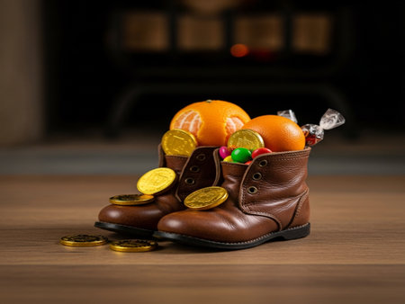 Christmas still life with tangerines, coins and boots on wooden backgroundの素材