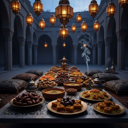 Traditional oriental sweets in the interior of the mosque. 3D renderingの素材