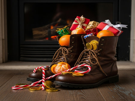 Christmas gifts, tangerines and chocolate candies in boots near the fireplaceの素材