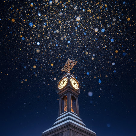 Clock tower in the night sky with falling snow. Christmas background.の素材