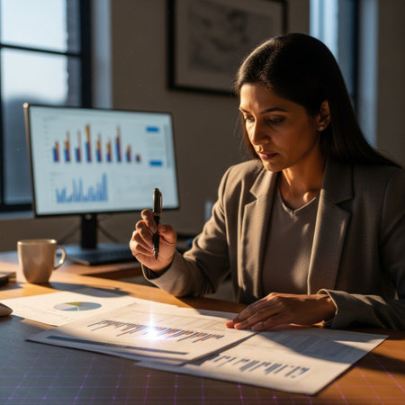 selective focus of businesswoman working with charts at table in officeの素材