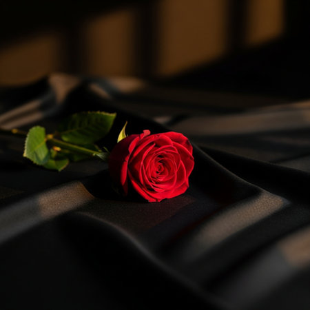 Red rose on black satin fabric. Shallow depth of field.の素材