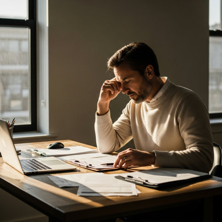 Portrait of a tired businessman sitting at his desk in an officeの素材