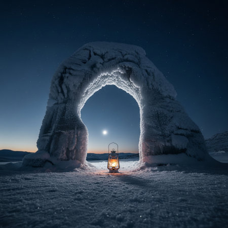 Winter night in the mountains with a lantern in the form of an archの素材