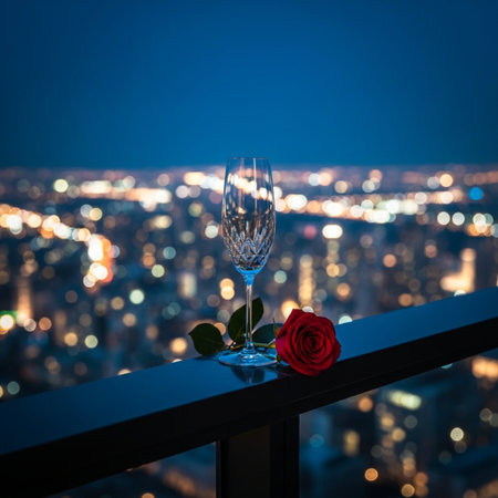 Valentine's day concept. Red rose and wine glass on balcony over city night lights backgroundの素材