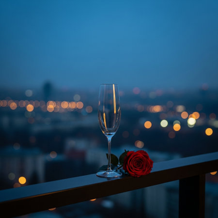 Wine glass and red rose on the balcony with city view at nightの素材