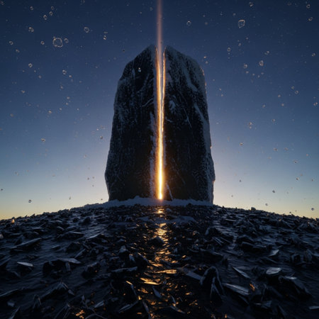 3d render of a giant rock in the sea at sunset.の素材