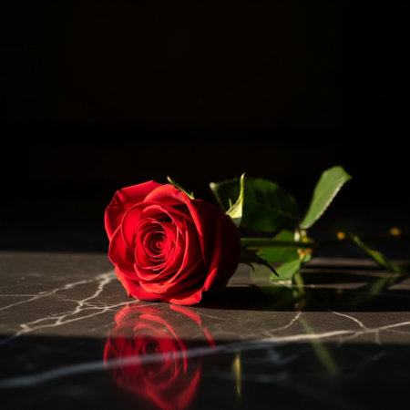 Red rose on a black marble background. Valentine's day concept.の素材