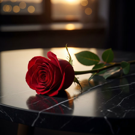 Red rose on a black marble table in front of a window.の素材