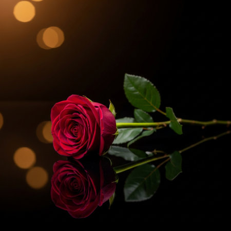 Beautiful red rose on a black background with bokeh.の素材